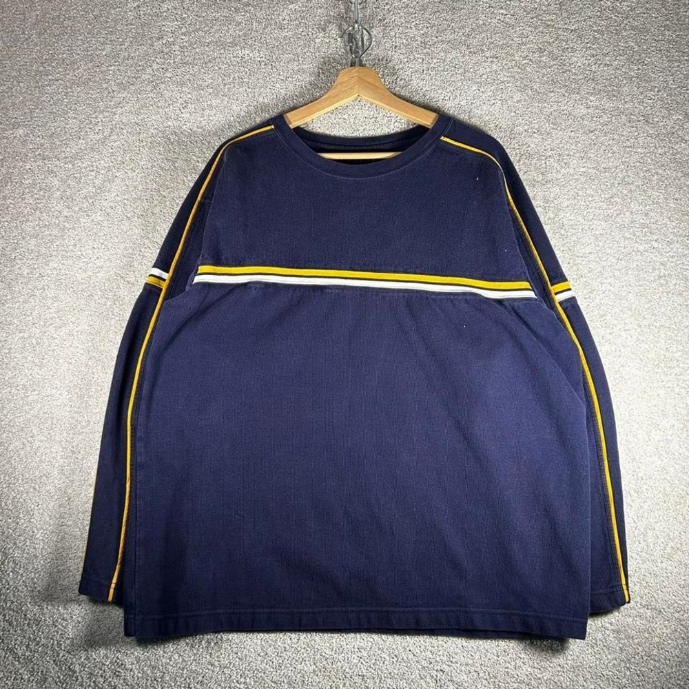 Y2K navy blue and yellow striped point zero style knit skater sweater Size XL